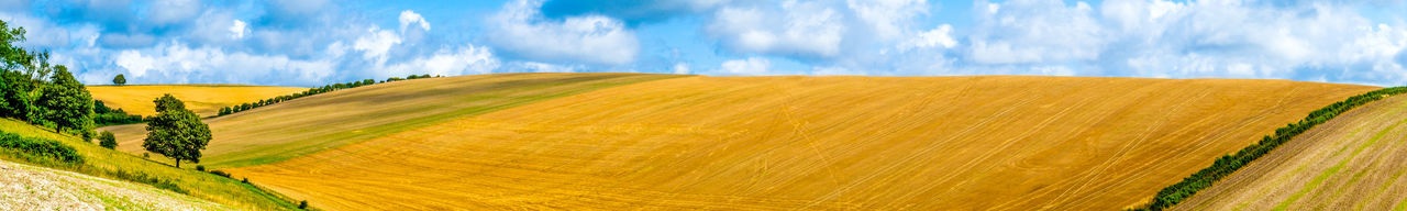 Panoramic view of agricultural field against sky