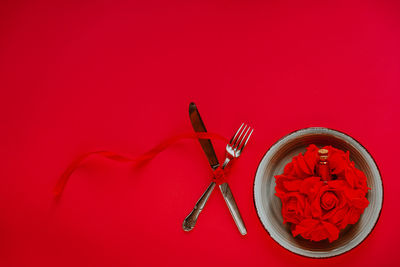 High angle view of red wine on table