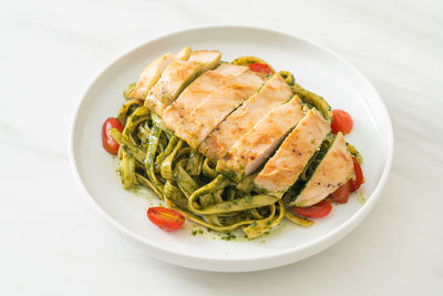 High angle view of food in plate on table