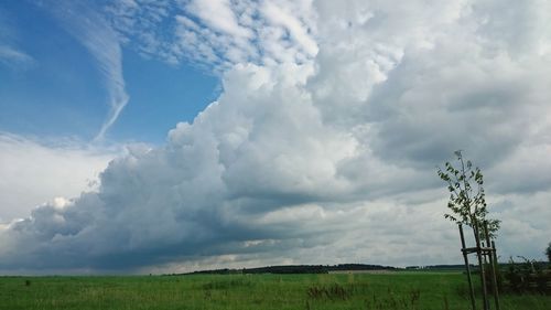 Scenic view of field against cloudy sky
