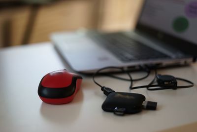 High angle view of laptop on table