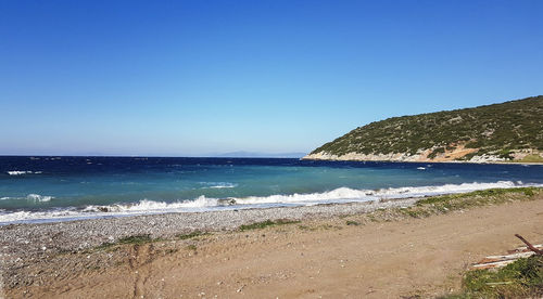 Scenic view of sea against clear blue sky