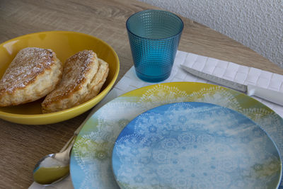 High angle view of breakfast on table