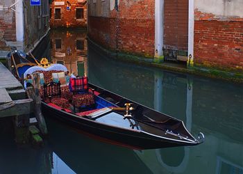 High angle view of boat moored in canal