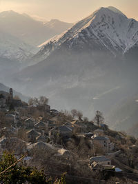 High angle view of townscape against mountain range