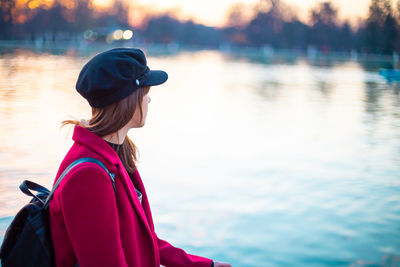 Rear view of woman in lake