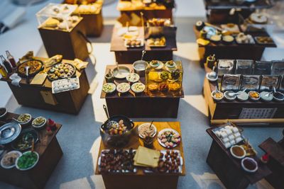 High angle view of food at market stalls