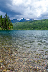 Scenic view of lake by mountain against sky