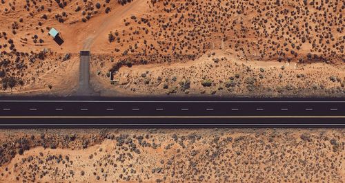 Aerial view of road in desert