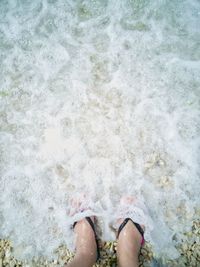 Low section of person standing at beach