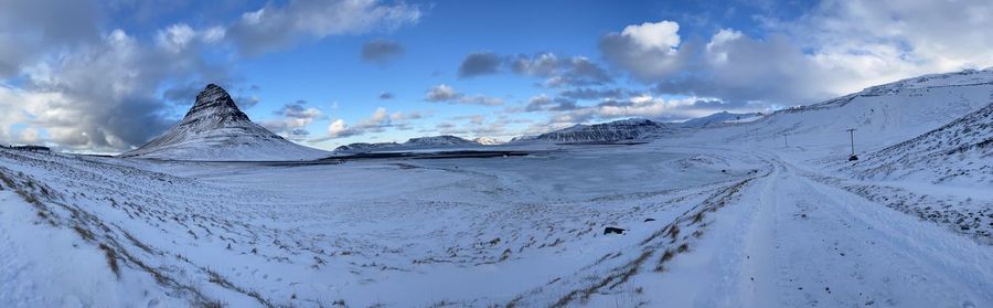 Panoramic view of snowcapped mountains against sky