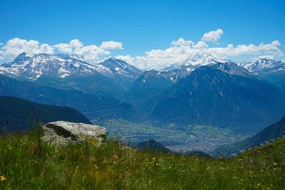 Scenic view of snowcapped mountains against sky