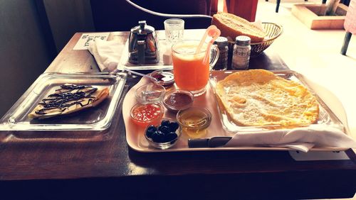 High angle view of breakfast served on table