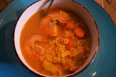 High angle view of soup in bowl on table