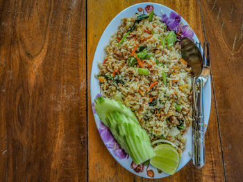 High angle view of food in plate on table