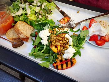 High angle view of food served on table