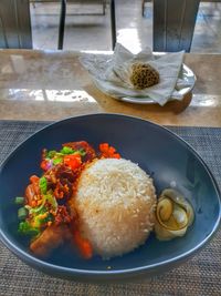 High angle view of food in plate