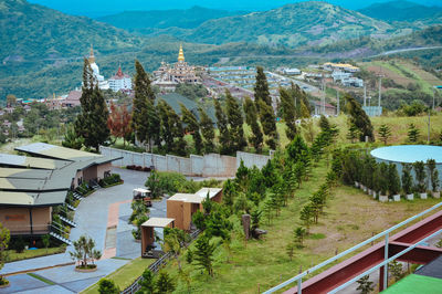 High angle view of trees and buildings in city