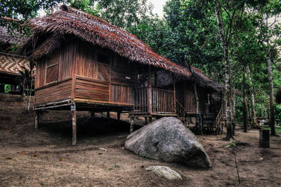 Old abandoned house by trees in forest