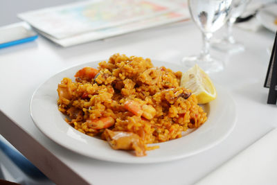 Close-up of fried rice served in plate on table