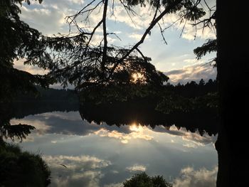 Silhouette trees by lake against sky during sunset