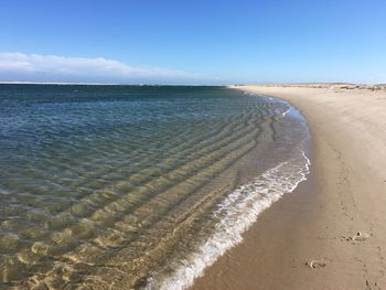 Scenic view of beach against sky at chatham, cape cod. 