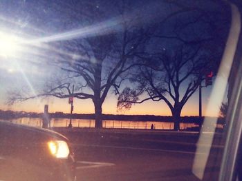 Bare trees by road against sky during sunset
