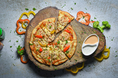 High angle view of pizza on table