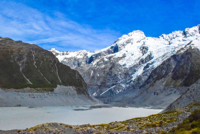 Scenic view of snowcapped mountains against blue sky