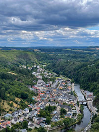 High angle view of townscape against sky