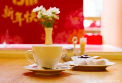 Close-up of coffee cup on table