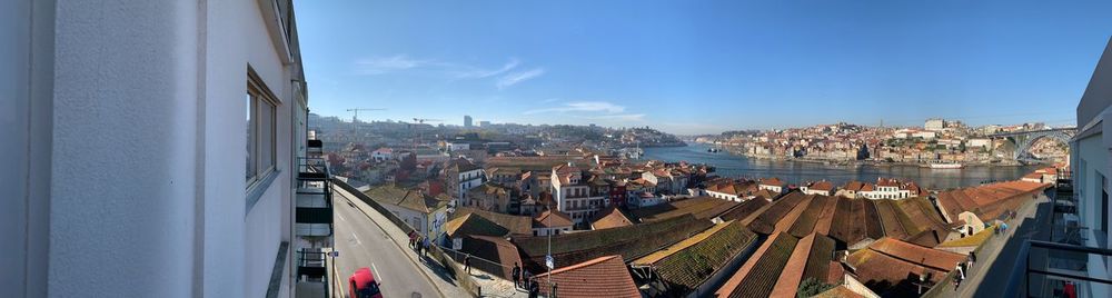 High angle view of buildings in city against sky