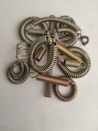 High angle view of metal equipment on table