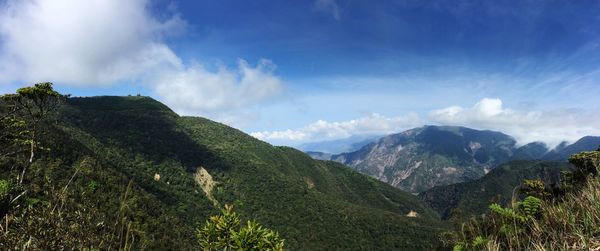 Scenic view of mountains against cloudy sky