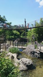 Footbridge over rocks by trees against sky