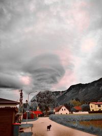 Road by buildings against sky