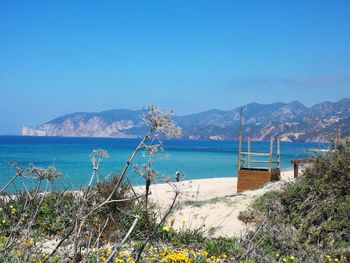 Scenic view of sea against clear blue sky