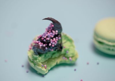 Close-up of purple served on table