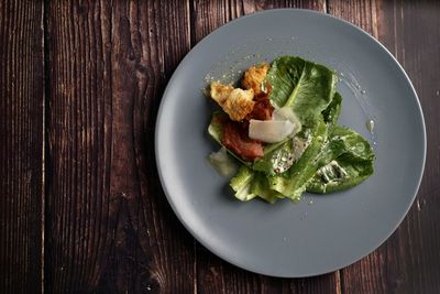 High angle view of salad in plate on table