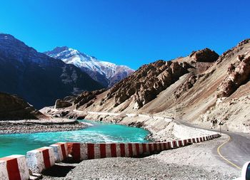 High angle view of dam on mountain against blue sky