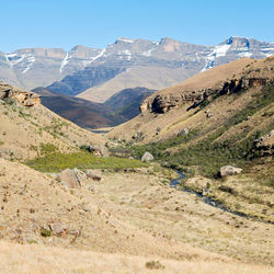 Scenic view of landscape and mountains against clear blue sky