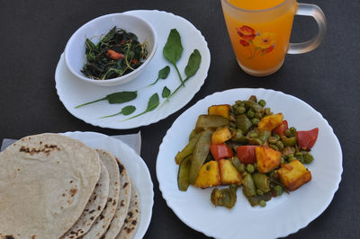 High angle view of breakfast served on table