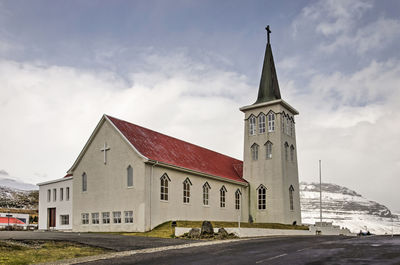 The town's church on a cloudy day