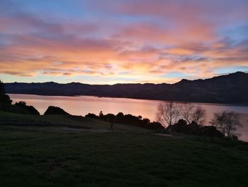 Scenic view of lake against sky during sunset