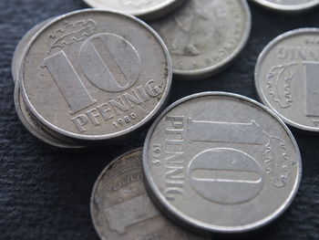 Close-up of ten deutsche mark coins on table