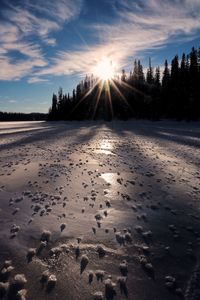 Scenic view of frozen lake covered in frost flowers against sky during sunset