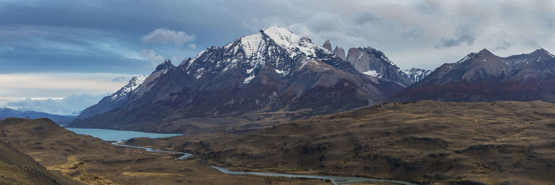 Panoramic view of snowcapped mountains against sky