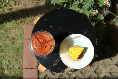 High angle view of breakfast on table