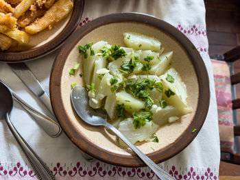 High angle view of food in plate on table