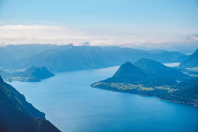 Aerial view of sea and mountains against sky